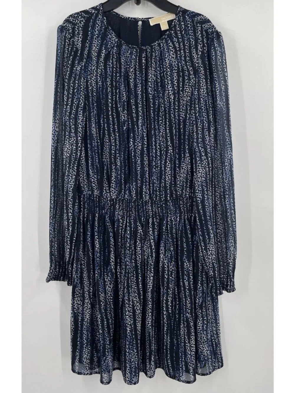 Michael Kors Georgette Smocked Lined Dress Printed Long Sleeve Womens Large Navy